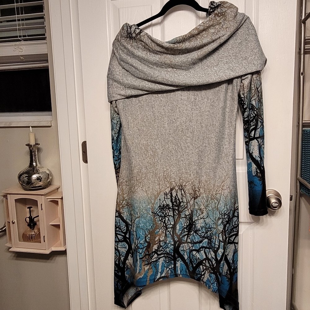 Trees In Winter Cowl Neck Asymmetrical Tunic Dress Dressfo Slim W XL (US 10) - Picture 4 of 16